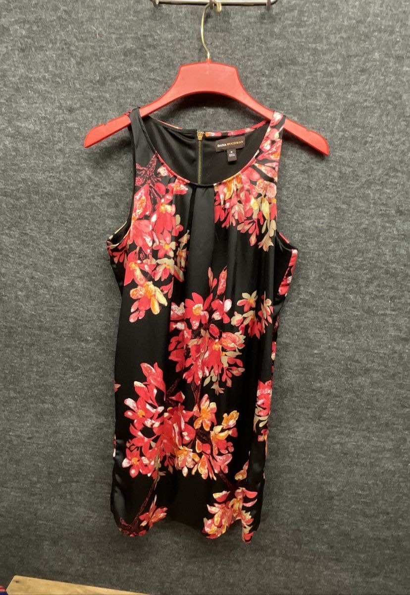 Dana Buchman Women's Black Red Floral Sleeveless Satin Shift Dress Size M