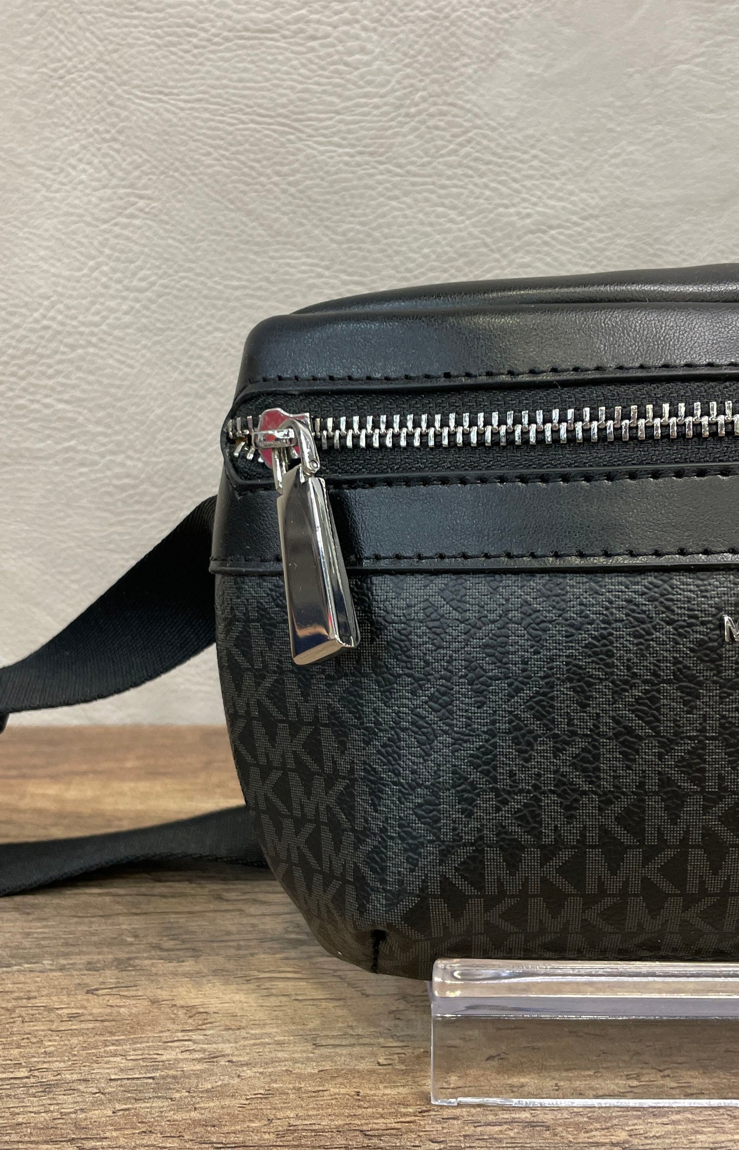 Michael Kors Black Grey Signature Logo MK Belt Bag Crossbody Silver Hardware