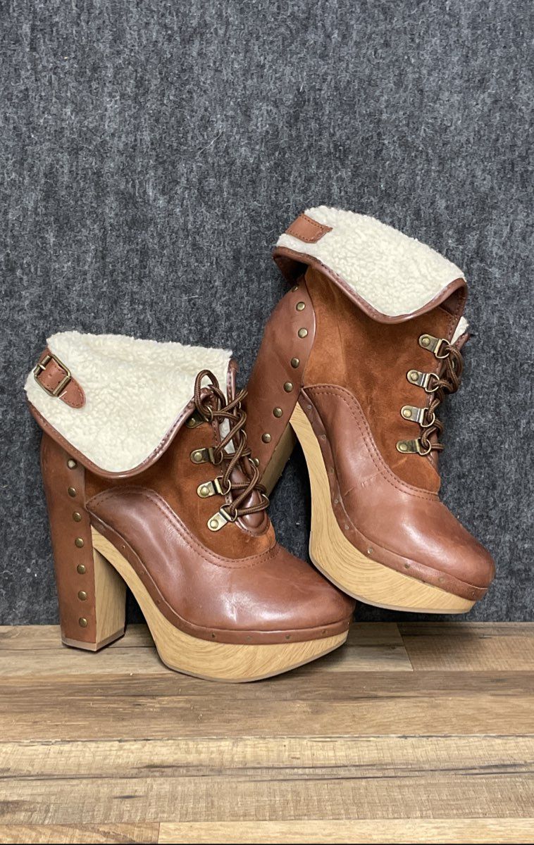 Lucky Brand Brown Leather Shearling Lined Platform Lace Up Booties Size 8