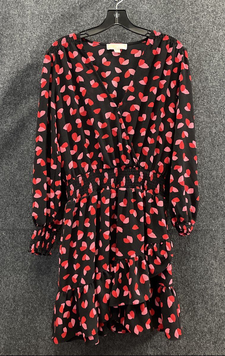 Michael Kors Women's Heart Pattern Ruffle Surplice Smocked Mini Dress Black Sz L