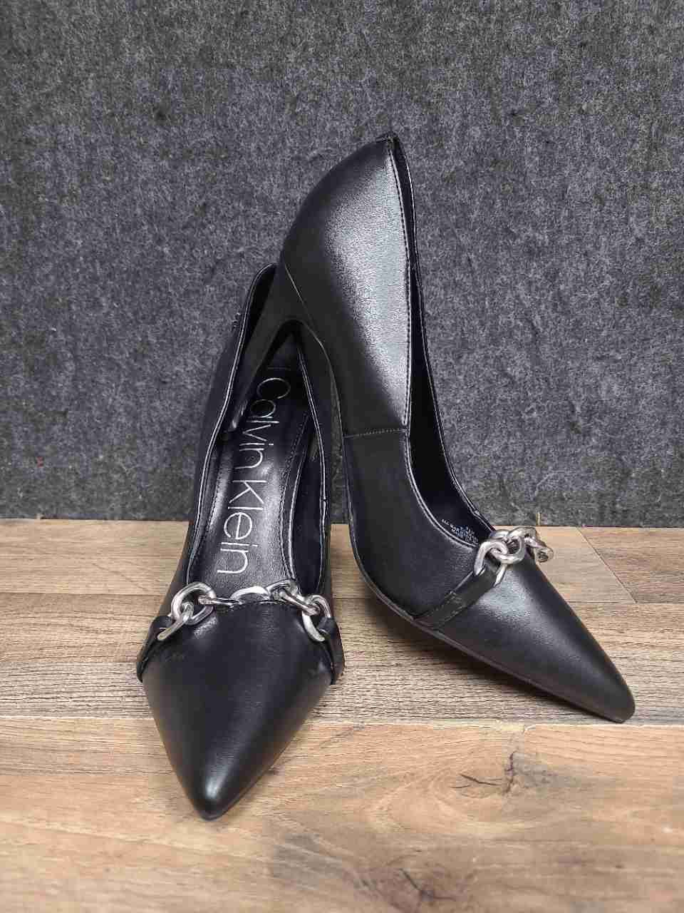 Calvin Klein Black Pointed Toe Chain Detail Pump Heels Women's Size 8.5M