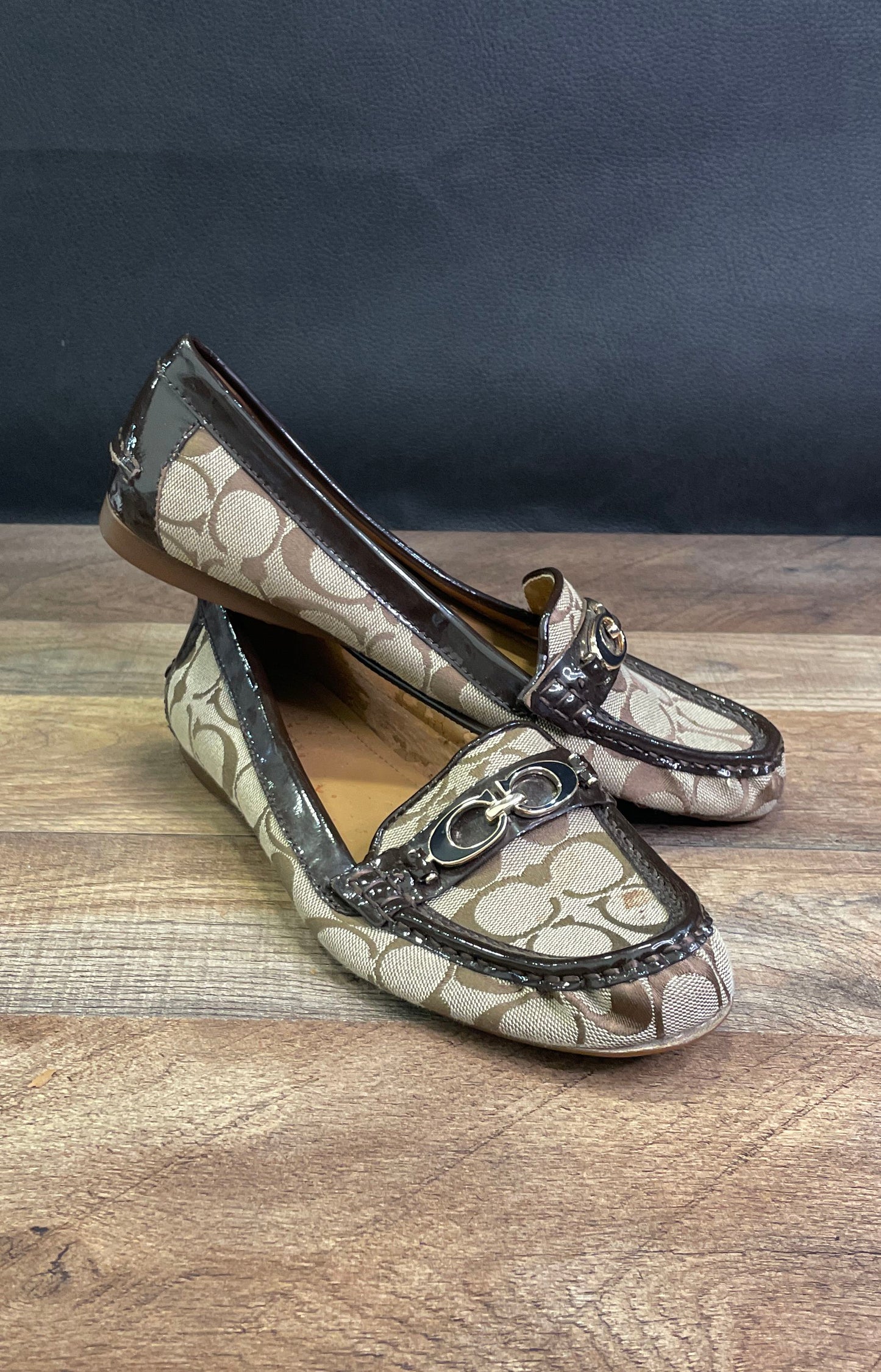 Coach Fortune Signature Canvas Brown Patent Leather Driver Loafers Size 8B