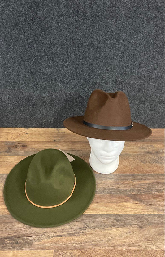 Women's Wide Brim Fedora Hats Lot of 2 Brown Olive Green Polyester Felt Size 57