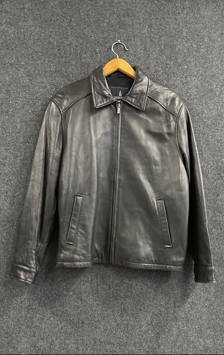 London Fog Men's Black Leather Full Zip Harrington Jacket Sz L