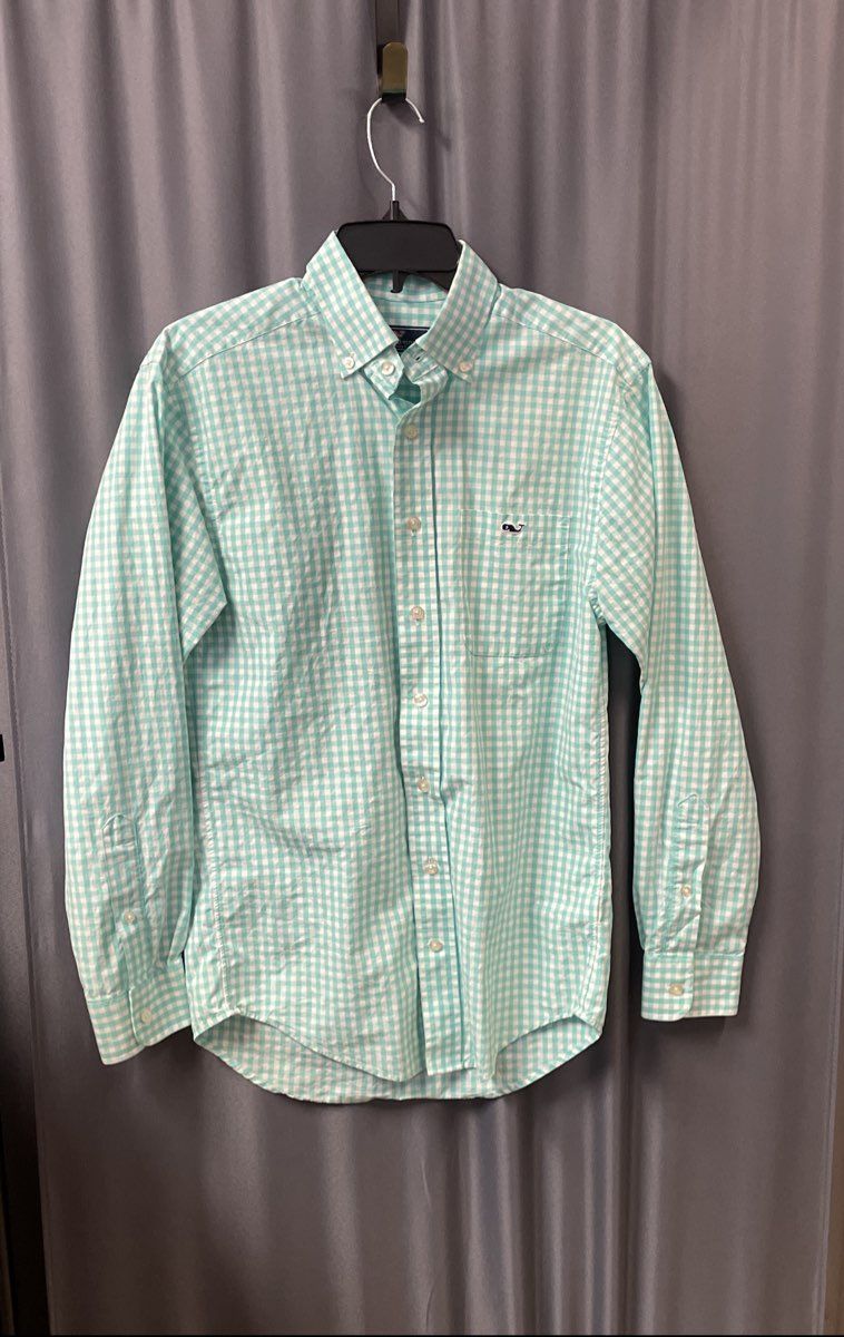 Vineyard Vines Men's Aqua White Gingham Classic Fit Tucker Shirt Sz XS