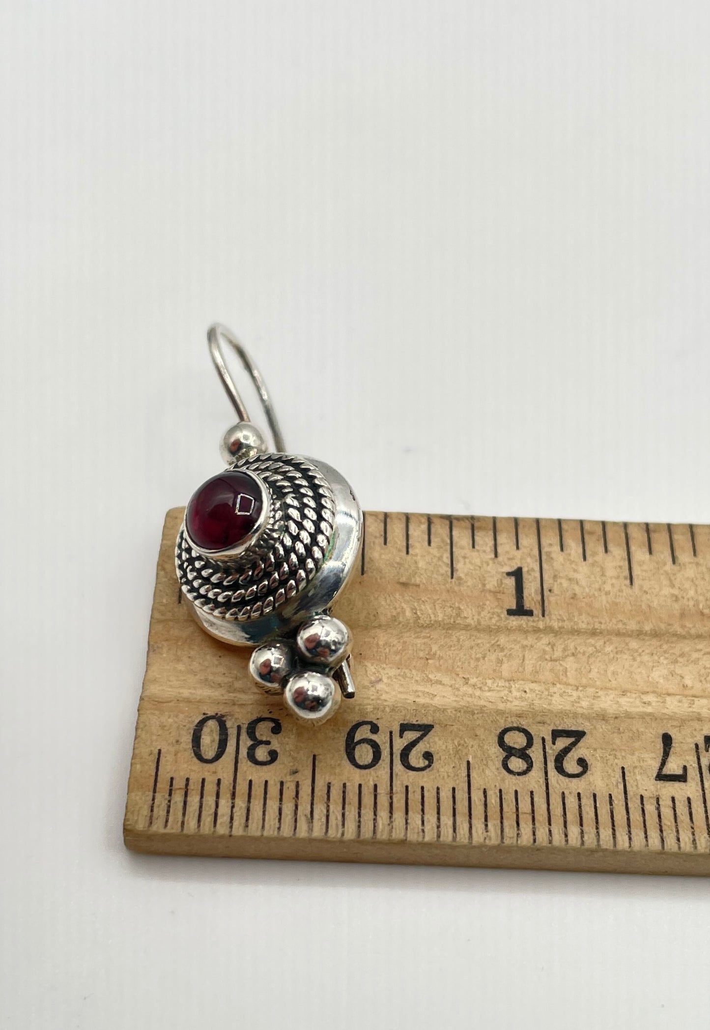 925 Sterling Silver Garnet Balinese Style Drop Hook Latch Earrings 8.8g