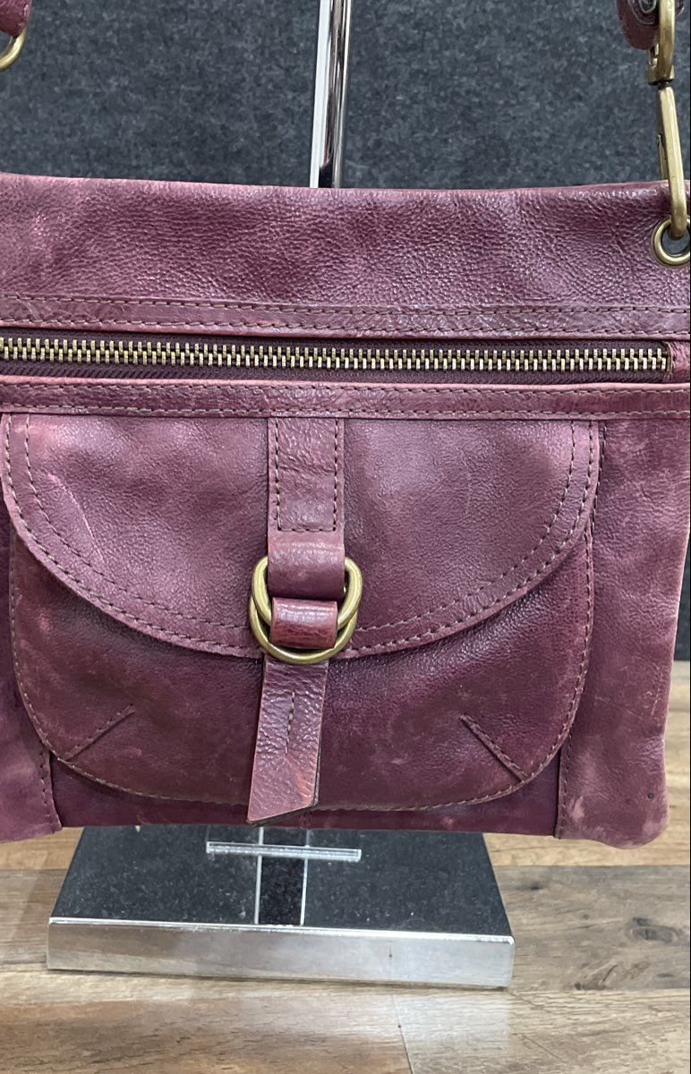 Fossil Burgundy Distressed Leather Crossbody Bag Antique Brass Hardware