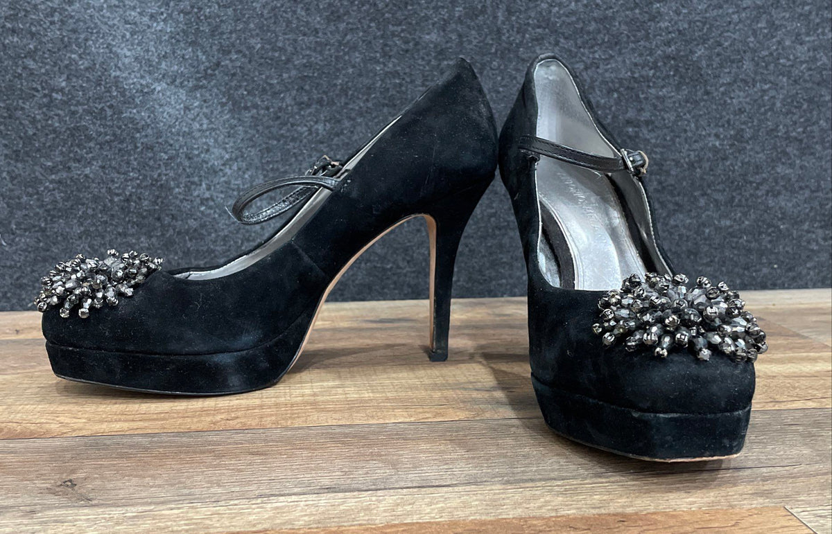 Antonio Melani Black Suede Beaded Platform Mary Jane Heels Size 8M