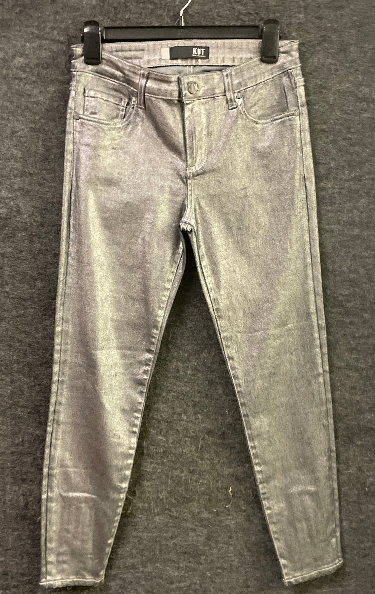 Kut From The Kloth Women's Silver Metallic Coated Ankle Zip Skinny Jeans Sz 0
