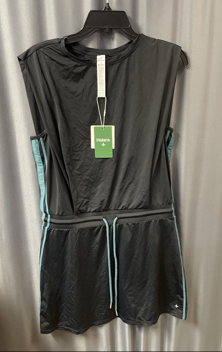 Halara Women's Blue Turquoise Athletic Dress Side Stripe Drawstring NWT Sz L