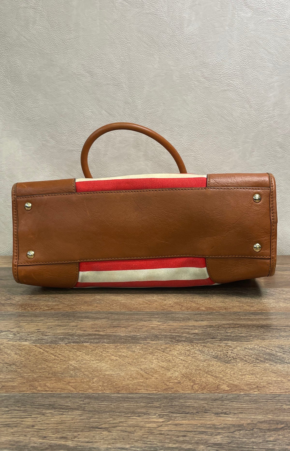 Michael Kors Red White Striped Canvas Leather Tote Satchel Bag Gold Hardware
