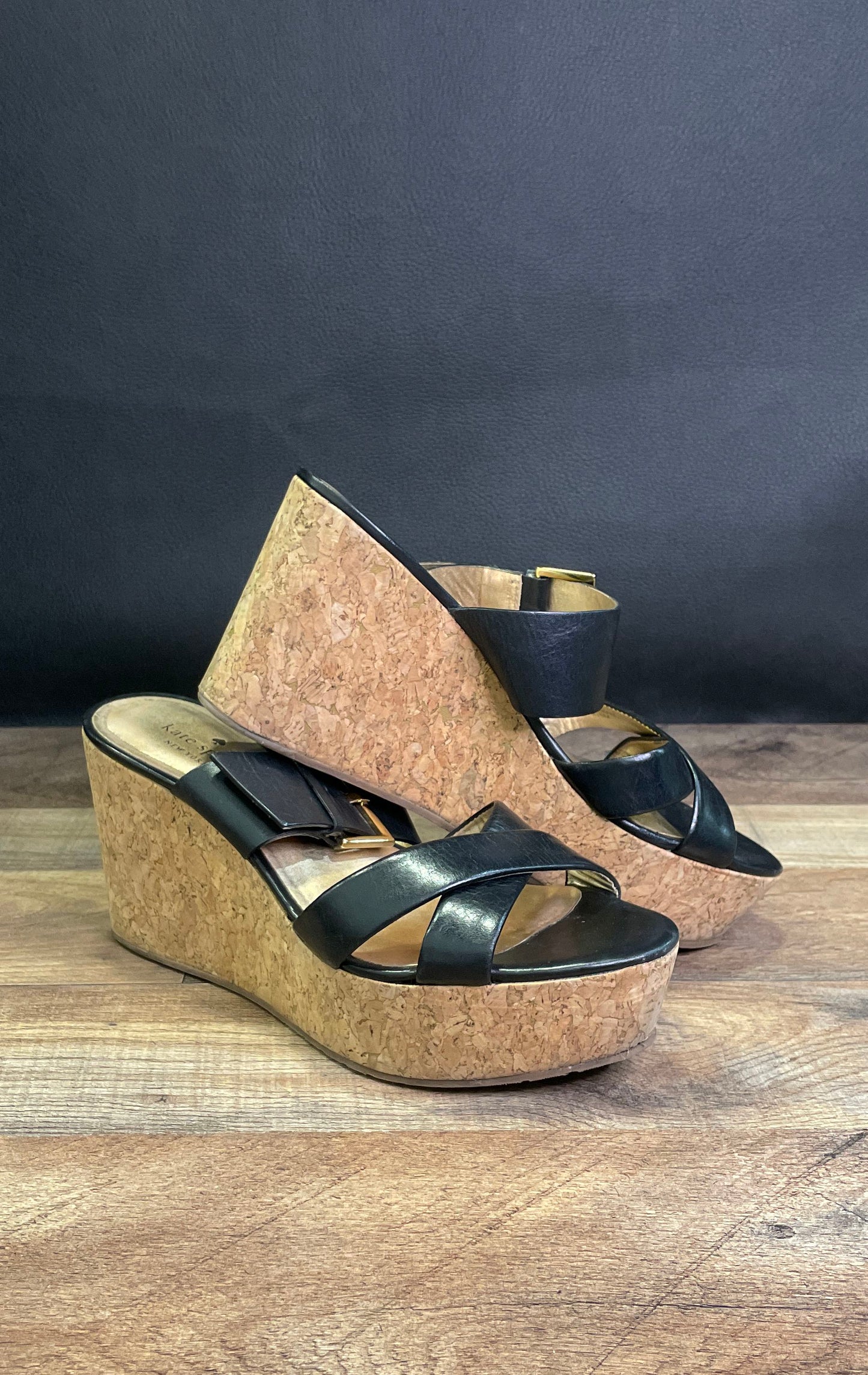 Kate Spade New York Black Leather Cork Platform Wedge Sandals Women's Size 8