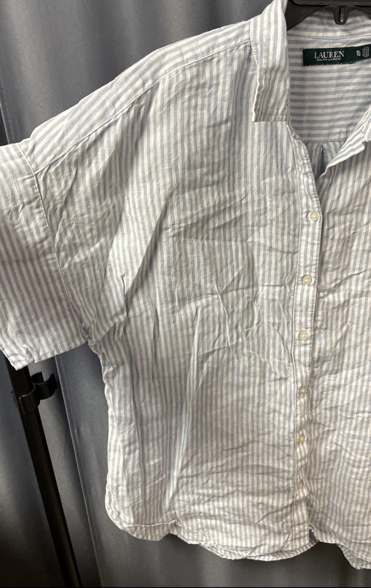Lauren Ralph Lauren Women's Blue Striped 100% Linen Button Down Shirt Sz XL