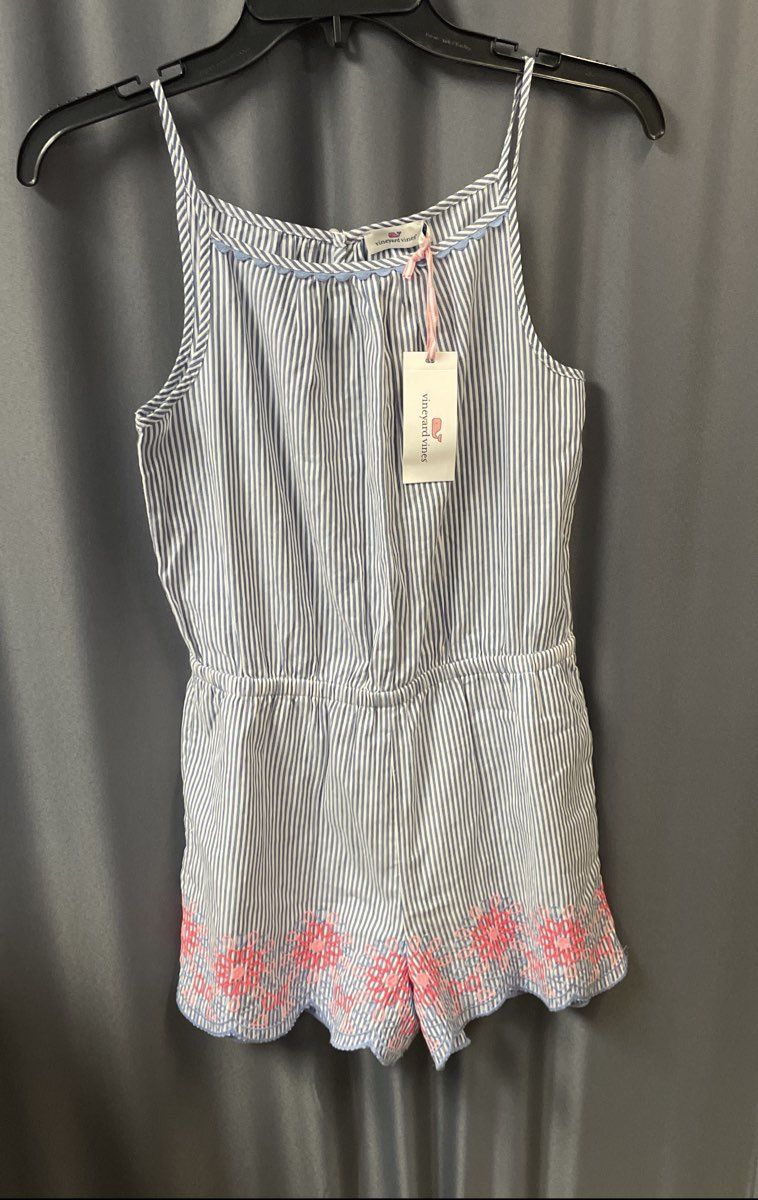Vineyard Vines Women's Seersucker Romper NWT Blue White Embroidered Sz L