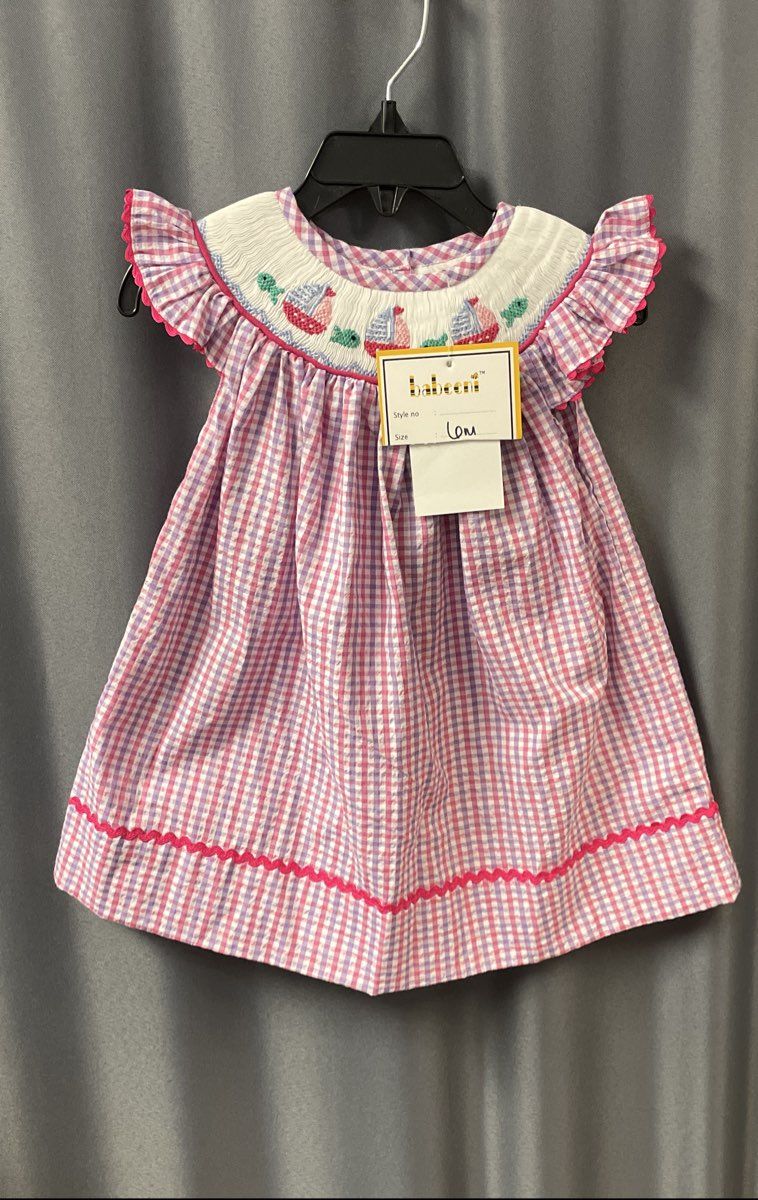 Babeeni Baby Girls Pink Purple Gingham Smocked Sailboat Dress NWT 6M