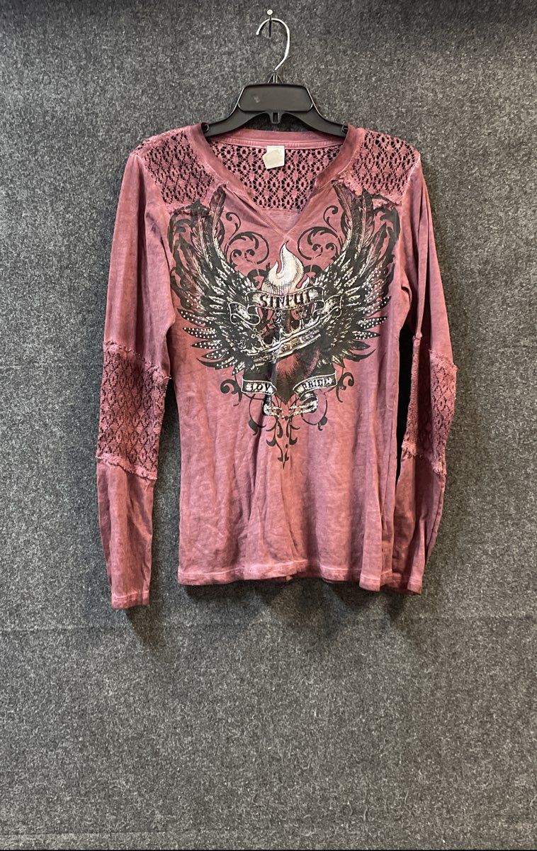 Sinful Women's Purple Distressed Long Sleeve Graphic Lace Shirt Rhinestone Sz L
