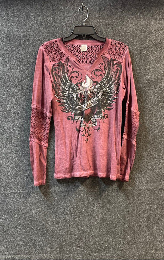 Sinful Women's Purple Distressed Long Sleeve Graphic Lace Shirt Rhinestone Sz L