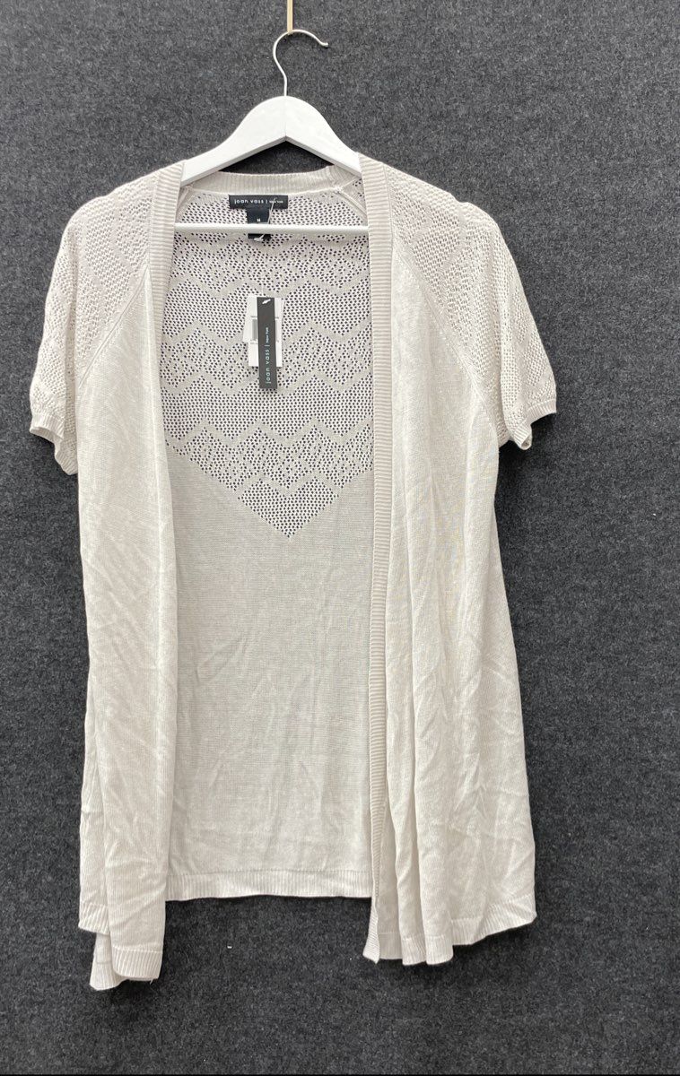 Joan Vass Women's Ella Cardigan Pale Platinum Viscose Short Sleeve NWT Sz M