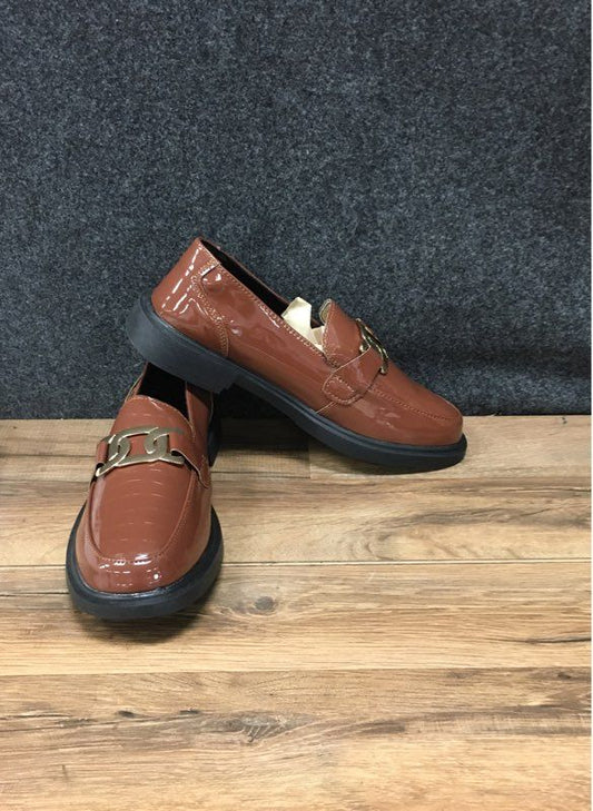 Brown Patent Croc Embossed Chunky Heel Chain Loafers Shoes Size EU 42