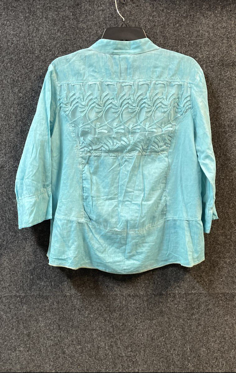 Parsley & Sage Women's Teal Aqua Embroidered Cotton Button Up Shirt Blouse Sz L