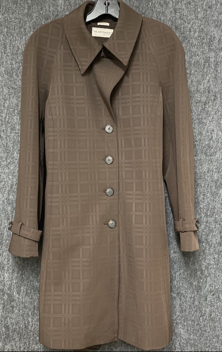 Hilary Radley Women's Chocolate Brown Tonal Plaid Belted Trench Coat Sz L