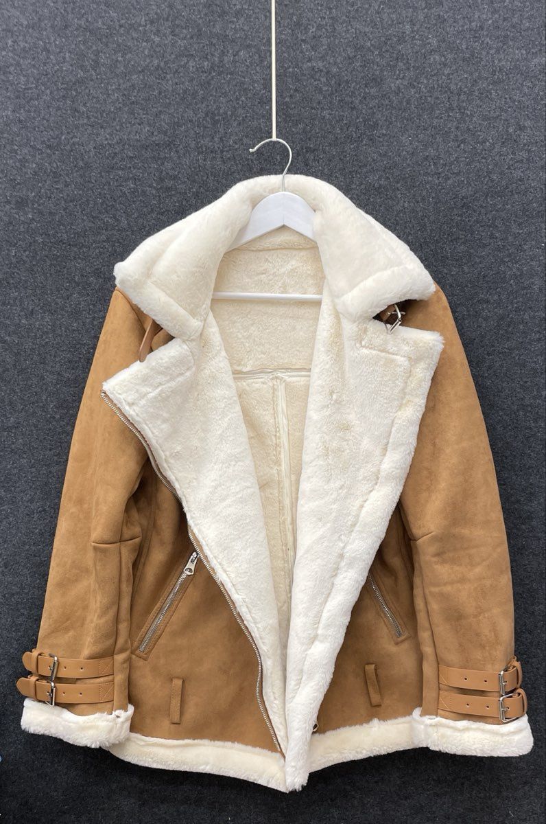 LF Women's Tan Faux Suede Shearling Aviator Moto Jacket Buckle Detail Sz M