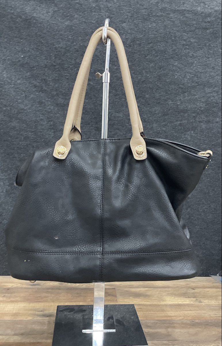 Charming Charlie Black Pebbled Faux Leather Tote Handbag Tan Handles Gold Tone