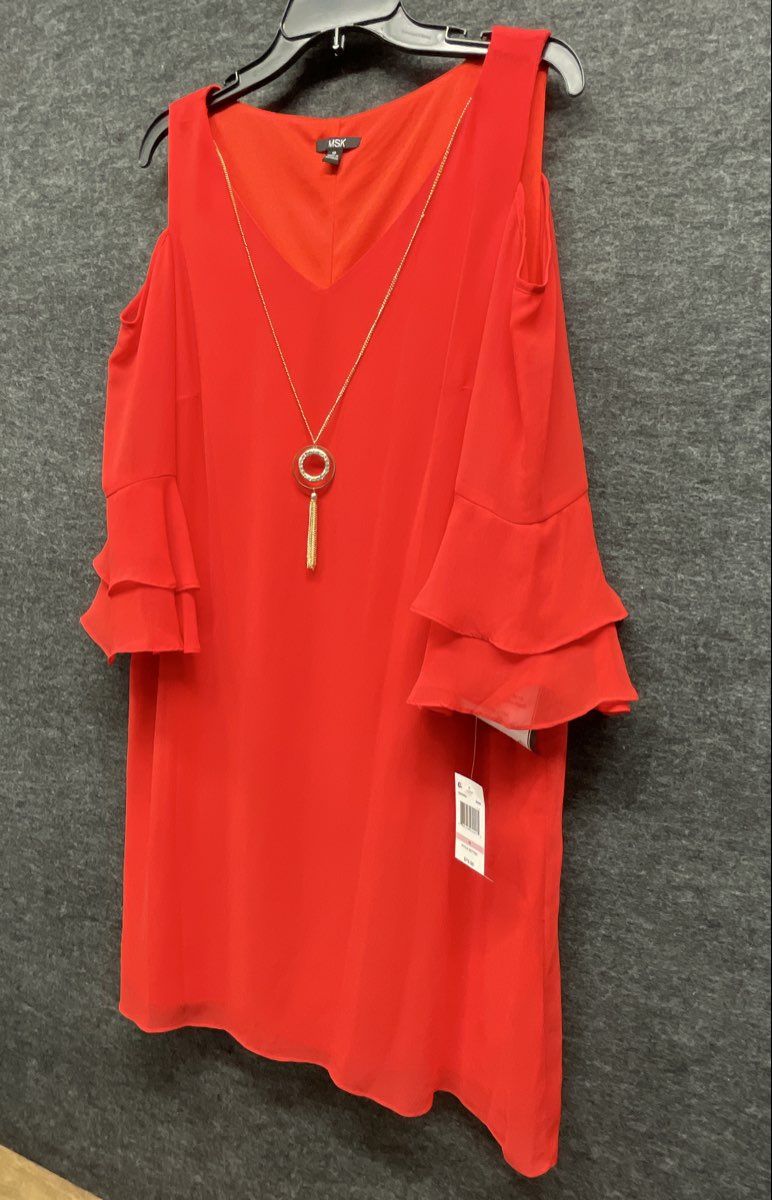 MSK Women's Red Cold Shoulder Ruffle Sleeve Dress Style Setter Necklace 10 NWT
