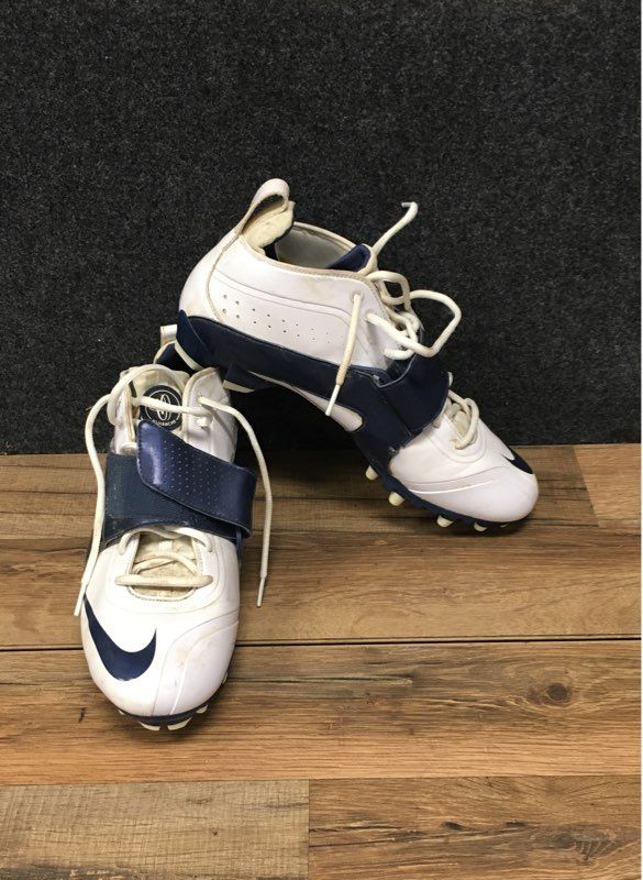 Nike Air Huarache Laced Mid White Navy Blue Football Cleats Men's Size 10.5