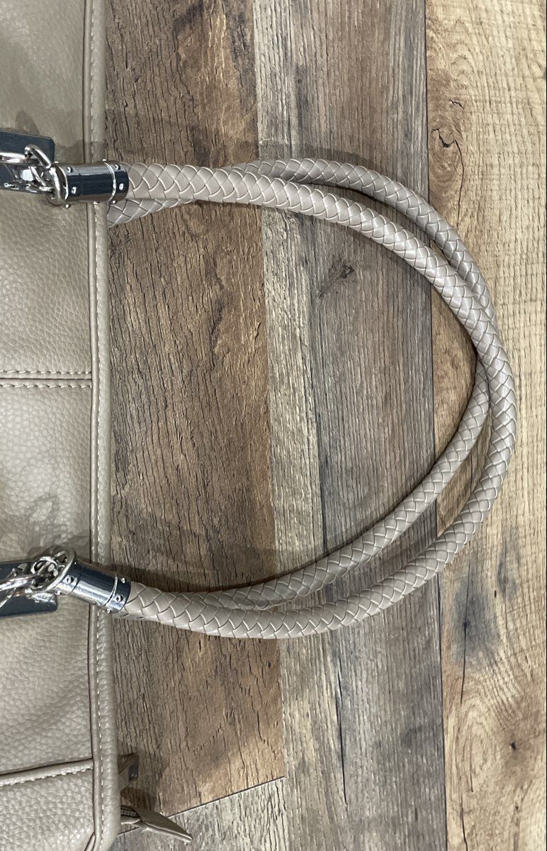 Taupe Grey Pebbled Leather Tote Shoulder Bag Braided Handles Silver Hardware