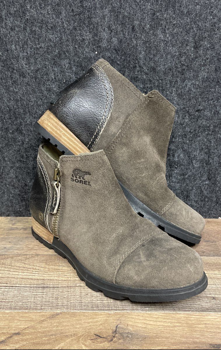 Sorel Medina Major Brown Suede Black Leather Ankle Boots Womens Size 7