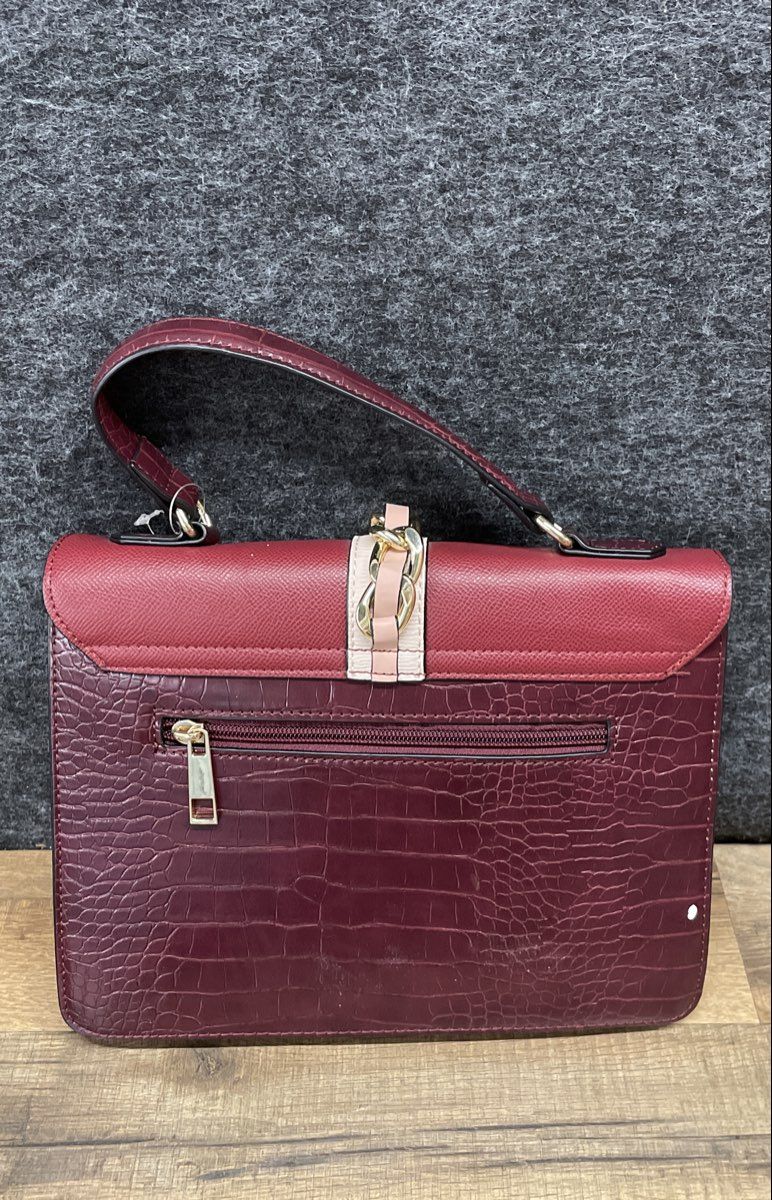 Aldo Red Burgundy Faux Gator Skin Chain Satchel Handbag Gold Hardware