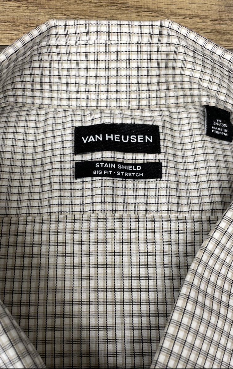 Van Heusen Men's Dress Shirt Tan Black White Check Stain Shield Big Fit NWT 19