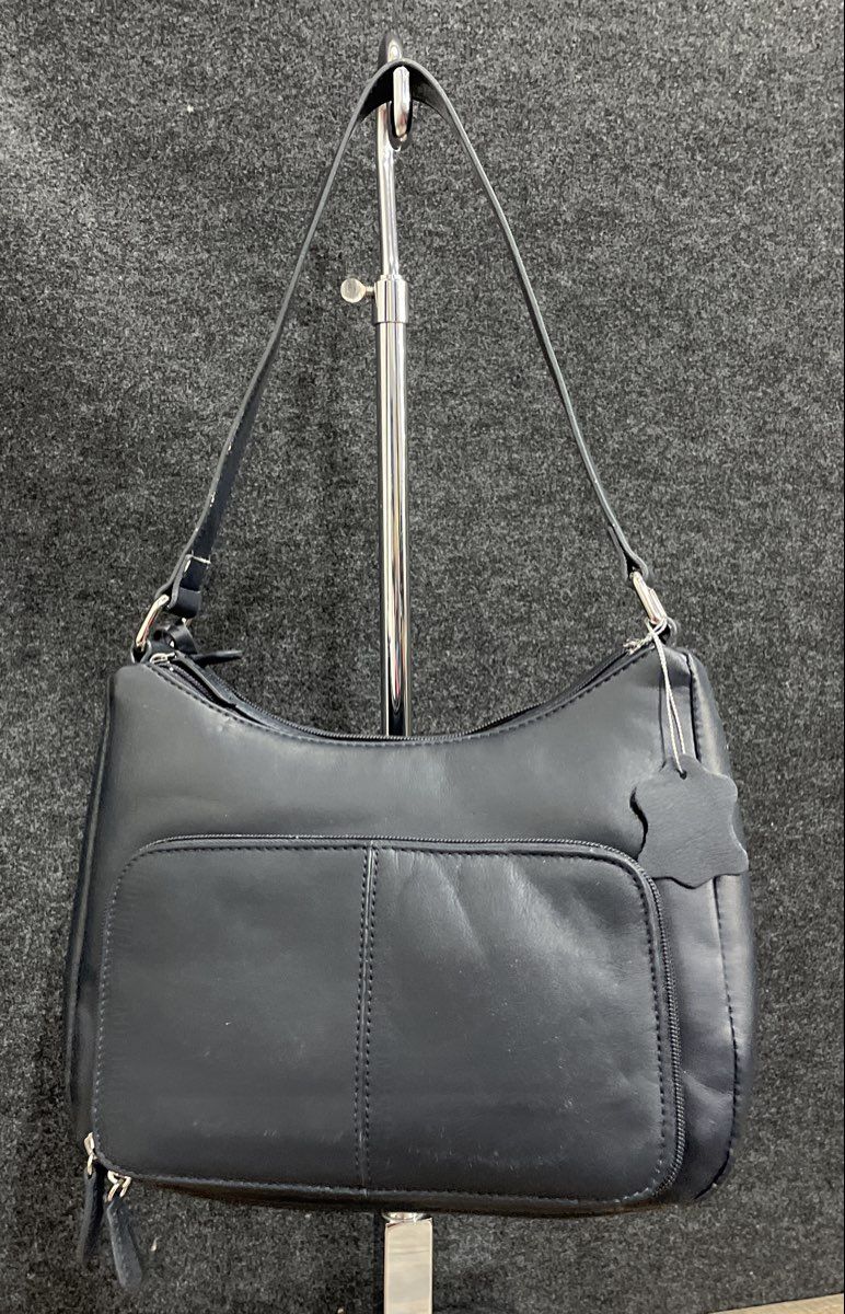 Kim Rogers Navy Blue Leather Shoulder Bag Multi Pocket Silver Hardware