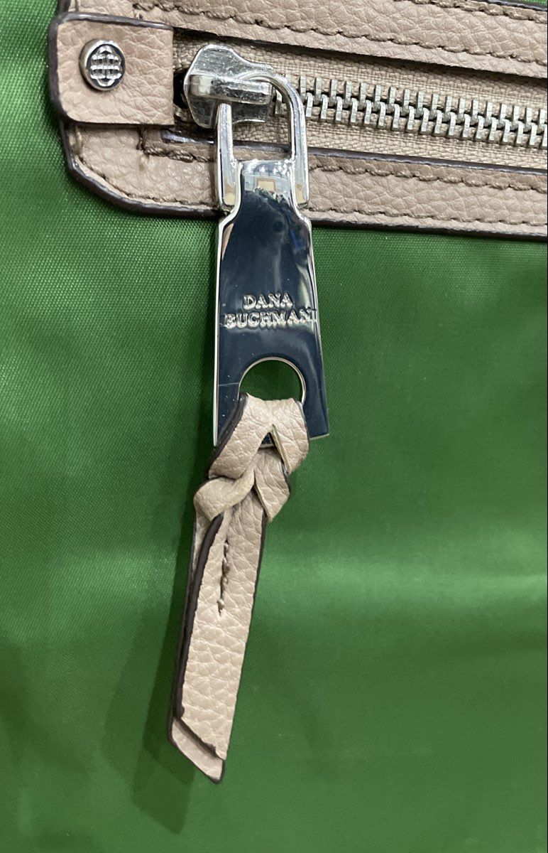Dana Buchman Green Nylon Tote Bag Tan Faux Leather Trim Shoulder Purse Large