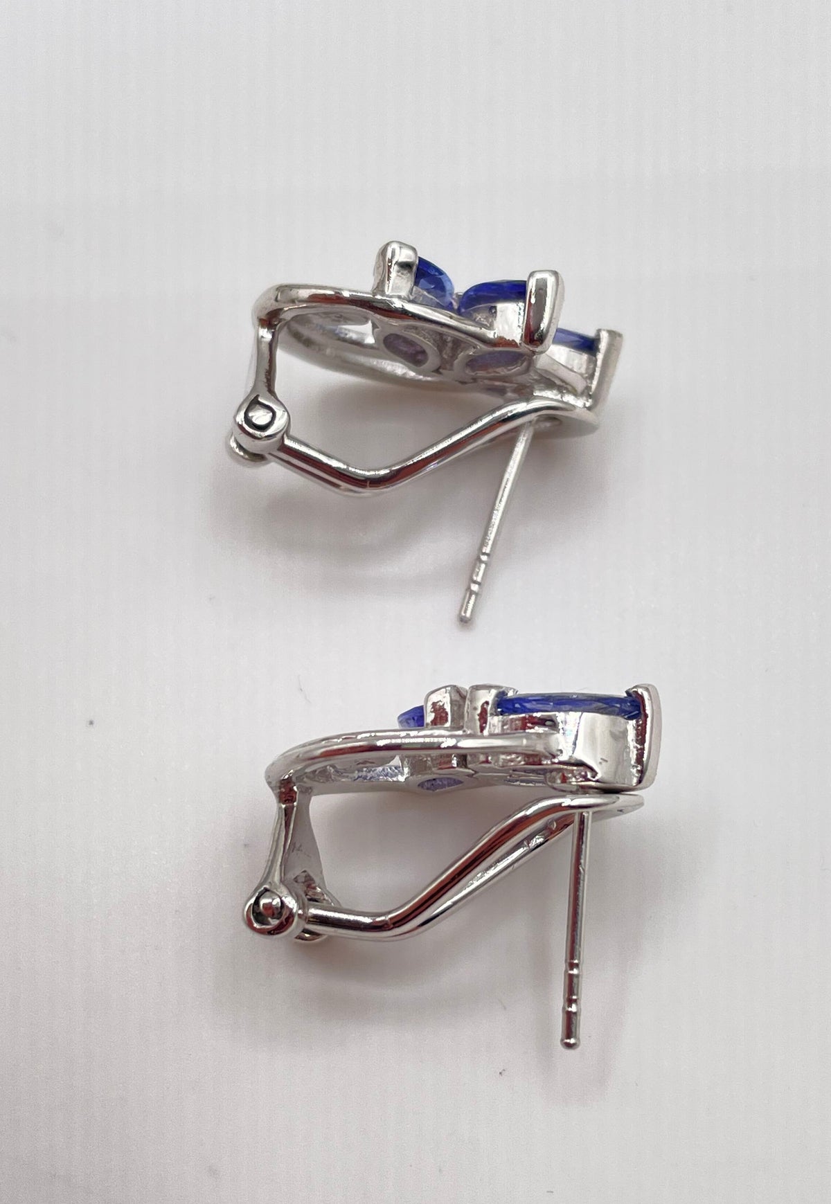 925 Sterling Silver Iolite Floral Omega Back Earrings 5.5g