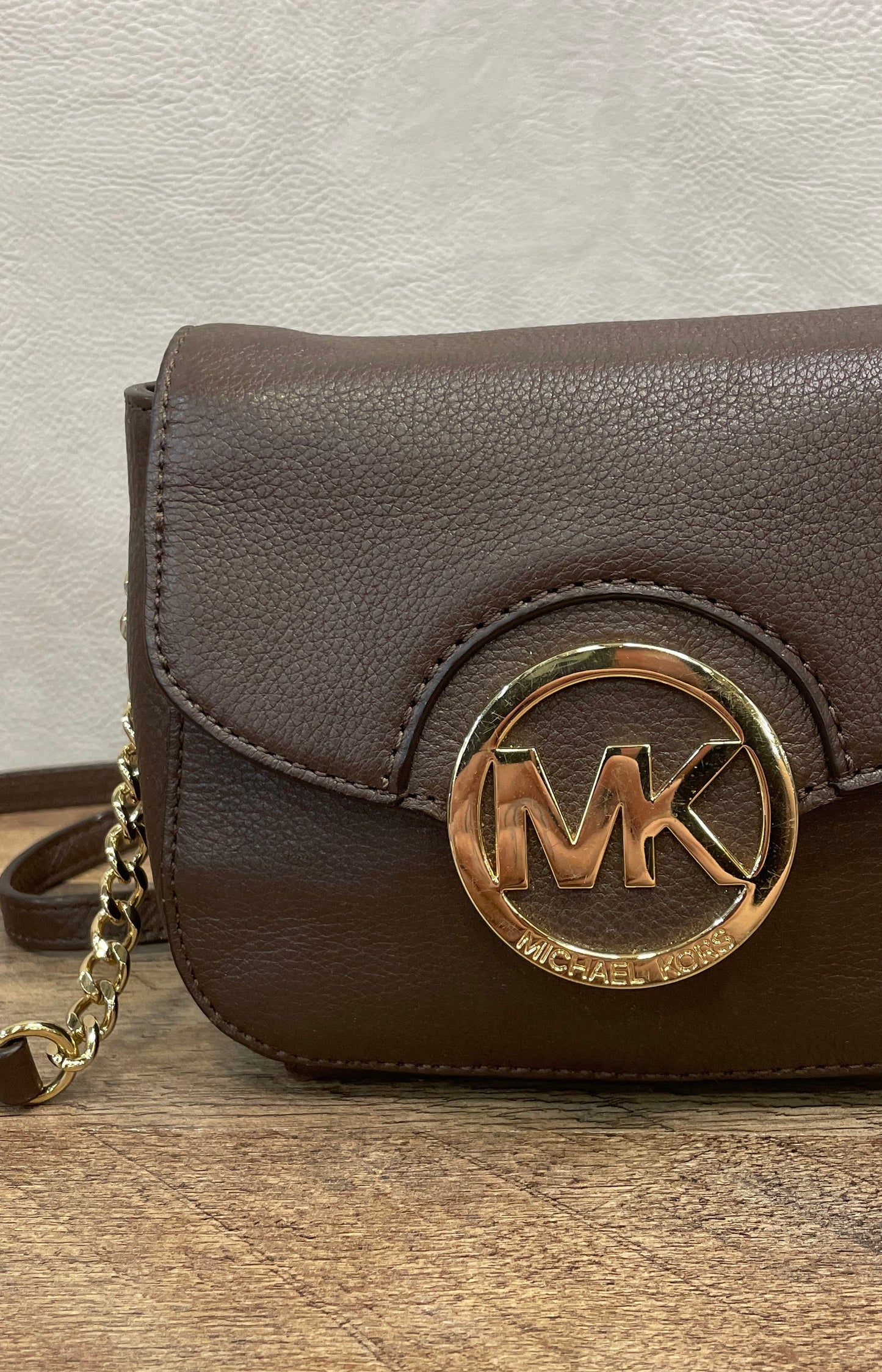 Michael Kors Brown Pebbled Leather Small Crossbody Bag Gold Logo Chain Strap