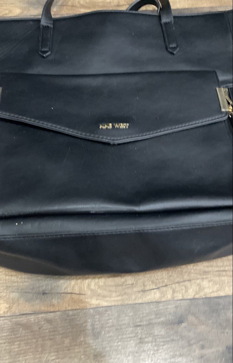 Nine West Black Faux Leather Large Tote Bag Front Flap Pocket Gold Hardware