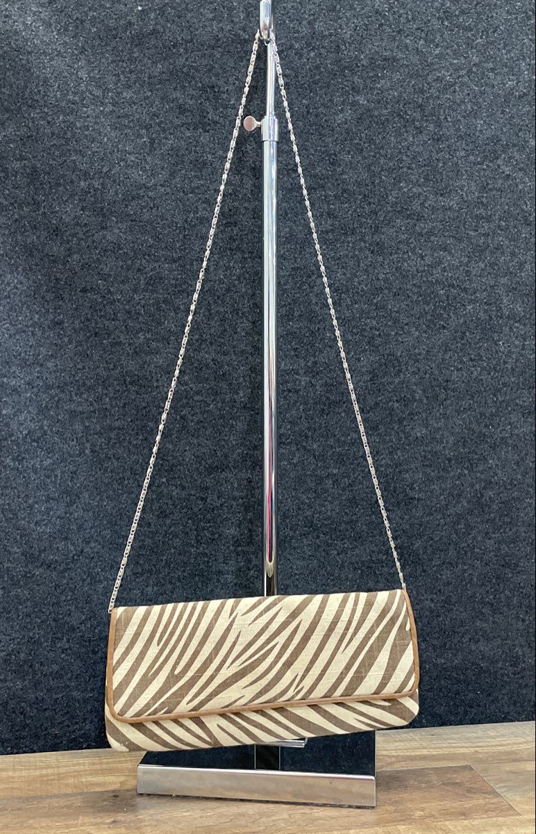 Zebra Pattern Brown and Cream Fabric Clutch Shoulder Bag Silver Chain Strap