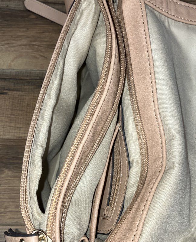 Rosetti Nude Beige Faux Leather Triple Compartment Crossbody Bag Gold Hardware