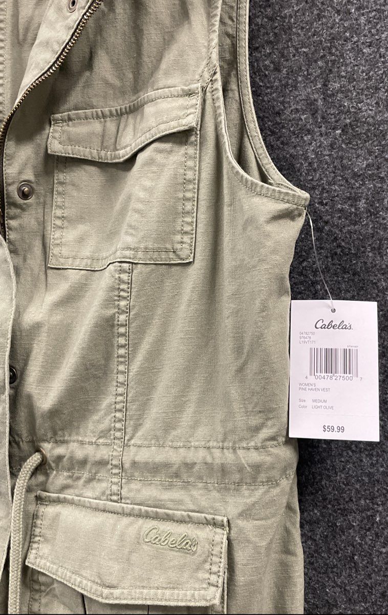 Cabela's Women's Pine Haven Vest Light Olive Cotton Utility Drawstring Sz M NWT