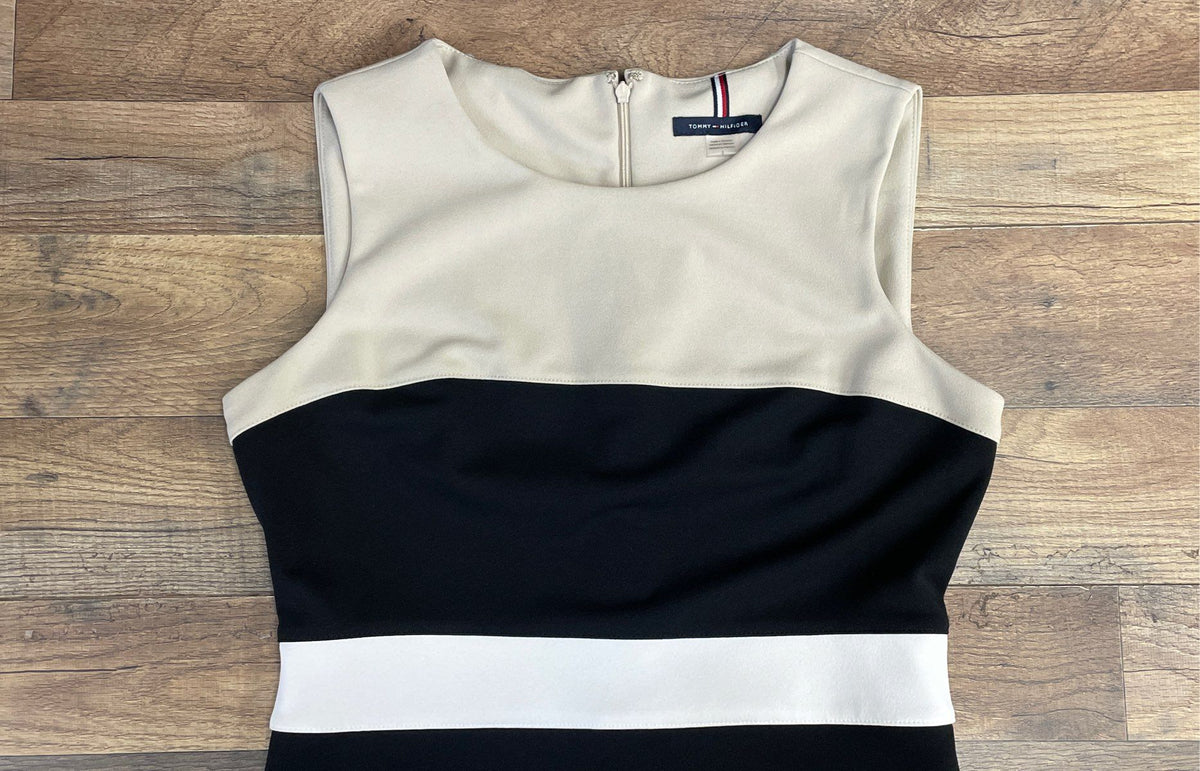 Tommy Hilfiger Women's Sleeveless Striped Sheath Dress Black White Tan Sz 6