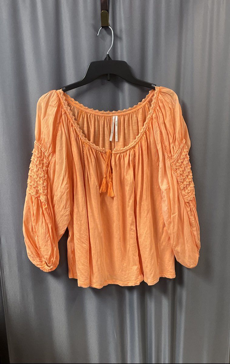 Anthropologie Women's Orange Cotton Peasant Blouse Tassel Smocked Sleeves Sz L