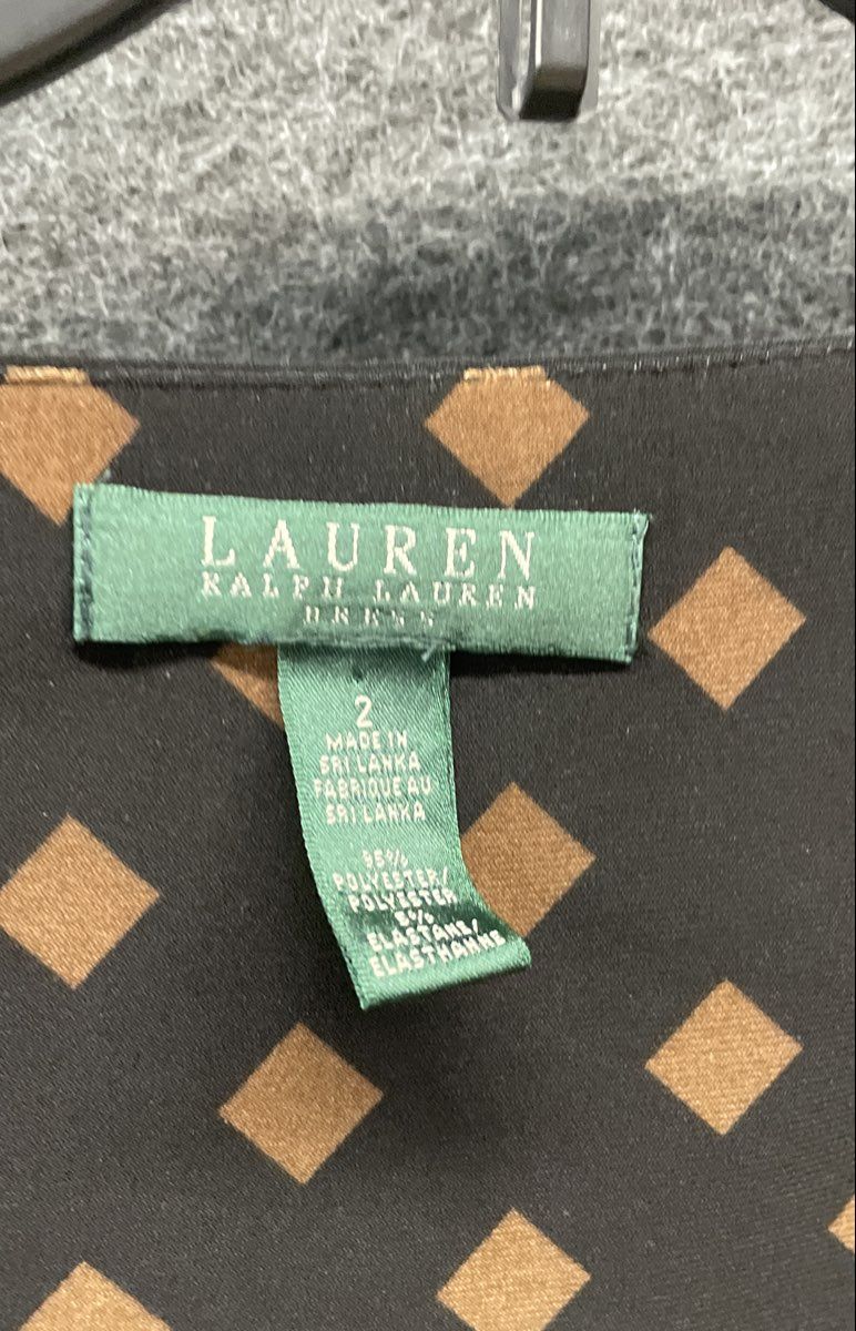 Lauren Ralph Lauren Women's Black Brown Diamond Print Ruched Faux Wrap Dress Sz2