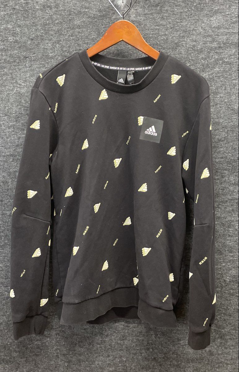 Adidas Men's Crewneck Sweatshirt Black All Over Print Multilingual Logo Sz M