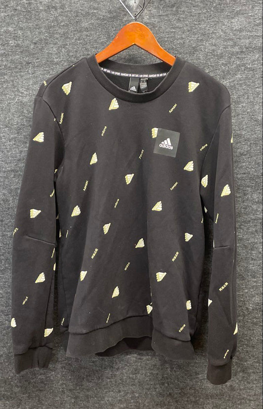 Adidas Men's Crewneck Sweatshirt Black All Over Print Multilingual Logo Sz M