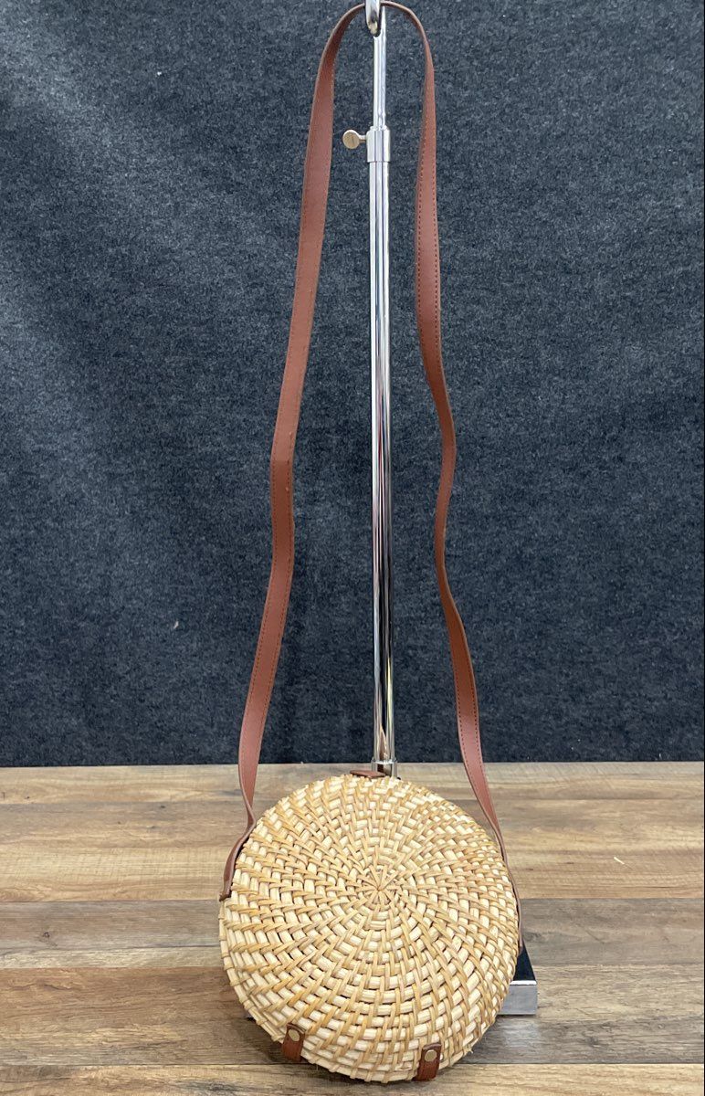 J.Crew Tan Natural Rattan Round Canteen Crossbody Bag Striped Lining NWT