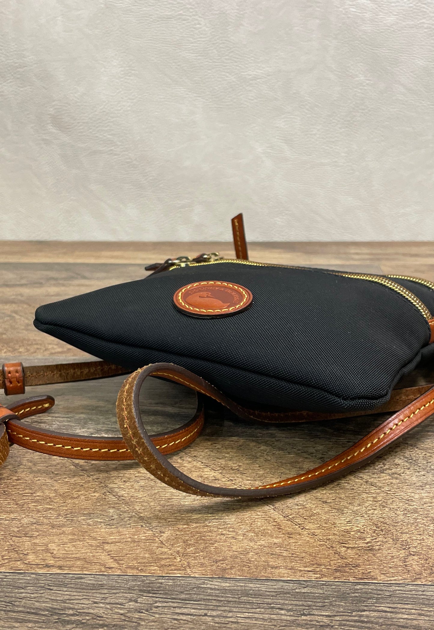 Dooney & Bourke Black Canvas Triple Zip Crossbody Bag Brown Leather Trim
