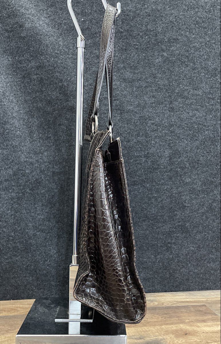 Coldwater Creek Brown Croc Embossed Leather Tote Bag Silver Hardware