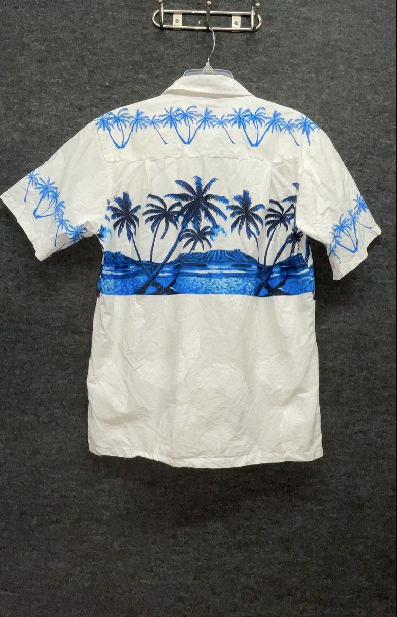 Favant Men's White Blue Tropical Palm Tree Island Cotton Aloha Shirt Sz M